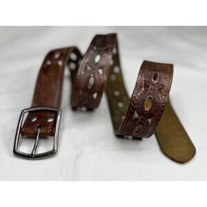 Lucky Brand Mens Brown Leather Belt Stamped Cutout Silver Buckle Size 38